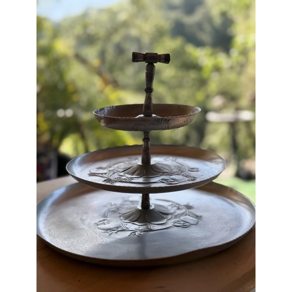 EVERLAST COTTAGE ROSE Hand Wrought Emboss ALUMINUM 3-Tier TIDBIT 1940-50's